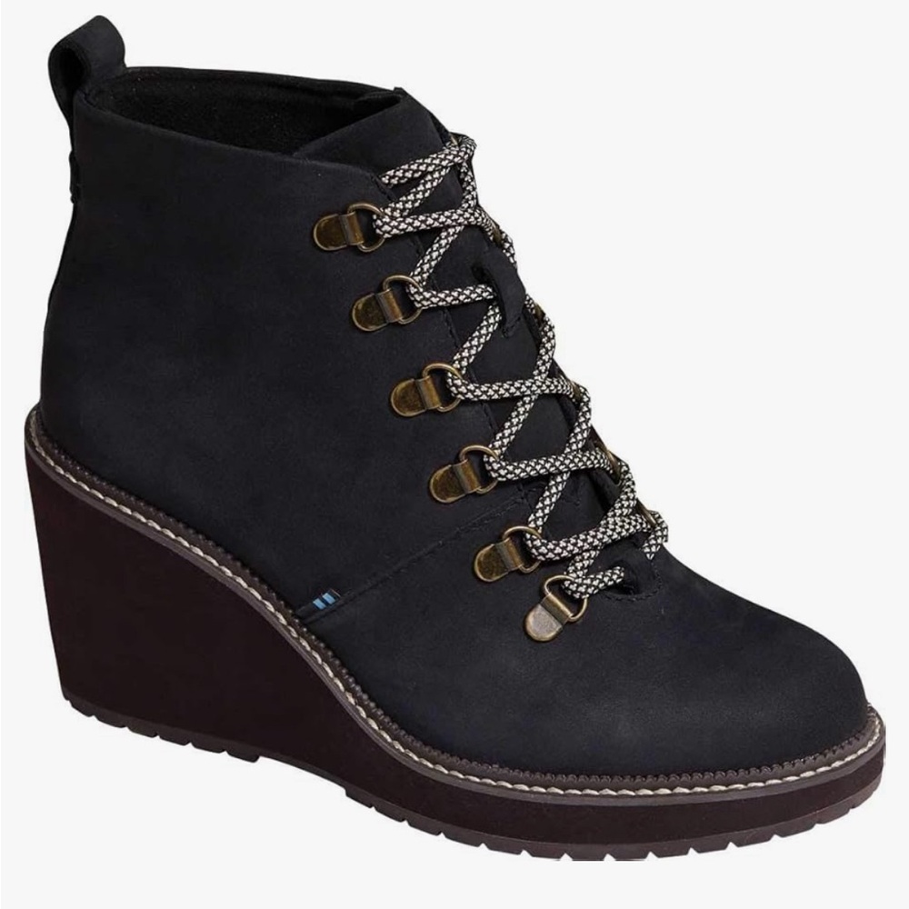 TOMS Womens Melrose Black Lace Up Nubuck Ankle Wedge Boots Size 9.5